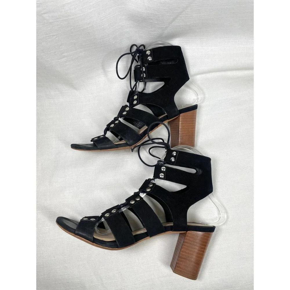 Loeffler‎ Randall Hana Lace-Up Gladiator Heeled Sandals Black Leather Size 7